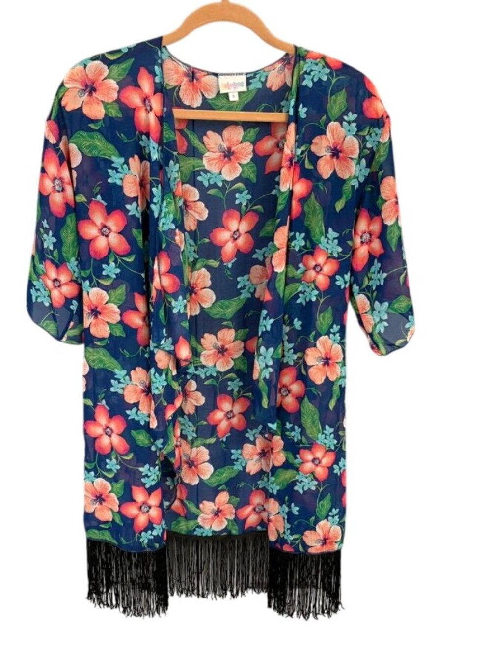 LuLaRoe Floral Sheer Kimono With Fringe Hem Blue Orange Pink S